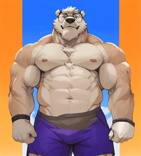 solo, 1boy, Huge Muscular White Polar Bear wearing glasses, huge white fur, pectoral, huge pectoral, wide pectoral, short white hair, blue colored short pants, blue colored wristbands and shirtless and topless, white bearded, white Mustache, white fur, sim...