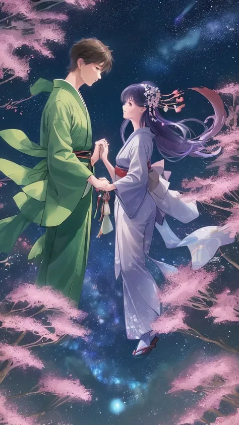 
Tanabata night, a forest of leaves, a man and a woman in Japanese clothes, holding hands and looking up at the sky, the Milky Way in the sky