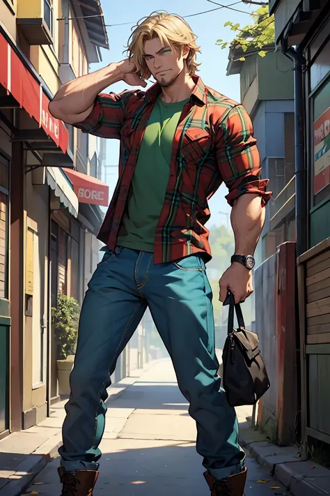 

Hes a caucasian male that stands at 61"ft, 180lbs.

Has a medium build with a bit of muscle, shaggy blonde hair, emerald blue green eyes, a bit of stubble.

And mostly dresses up in casual attire, red or blue plaid shirt, baggy jeans, old work boots.