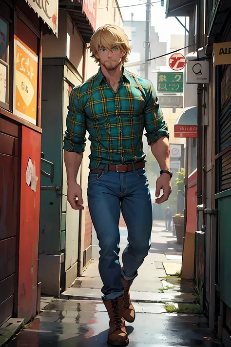 

Hes a caucasian male that stands at 61"ft, 180lbs.

Has a medium build with a bit of muscle, shaggy blonde hair, emerald blue green eyes, a bit of stubble.

And mostly dresses up in casual attire, red or blue plaid shirt, baggy jeans, old work boots.