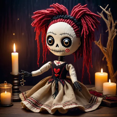 (knitted toy voodoo doll:1.5), (Voodoo Cursed Seamstress:1.3), (Clothing: ghostly dress with needle patterns:1.0), (Accessories: enchanted needle, glowing thread, magical scissors:1.2), (background: eerie workshop with floating fabrics, glowing needles, an...