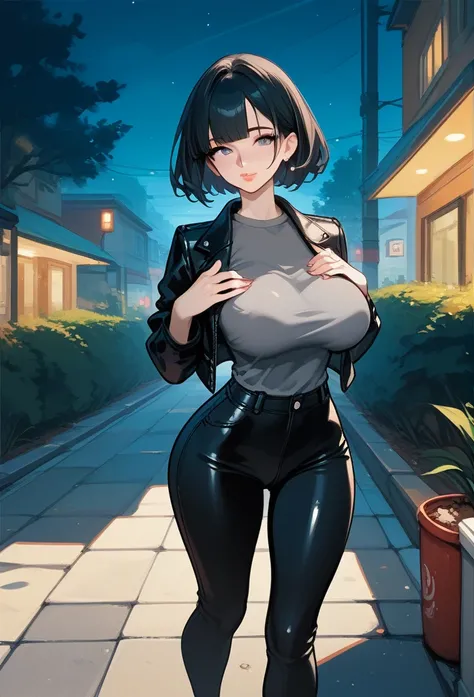 mature woman, mature face, hot face, glossy lips, (black hair, short hair, hime bangs), mature body, big breast, gray shirt, tight shirt, puffing chest out, (black leather jacket), tight pants, big ass, sidewalk, (night), front view, flirting expression