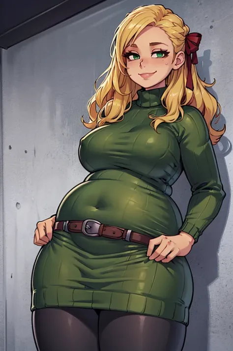 art by kipteitei, ((Masterpiece, best quality, perfect lighting, amazing shading)), perfect anatomy, field of depth, extremely beautiful, long blonde hair, hair ribbons, green eyes, ribbed sweaterdress, belt, leggings, cute smile, (chubby), (cowboy shot), ...