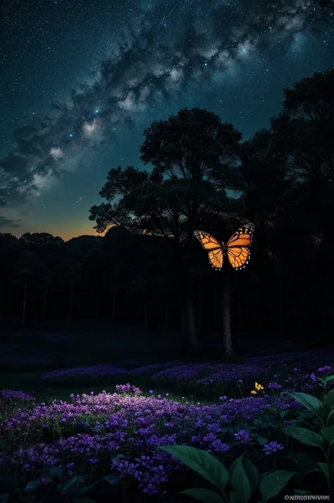 A digital landscape with flower, nature, night, tree, scenery, outdoors, glowing, bug, sky, forest, dark, night_sky, plant, butterfly