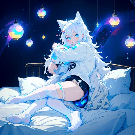 a cute adult male with wolf ears long white hair and a fluffy wolf tail, wearing bootyshorts and a tight t-shirt with a heart lo...