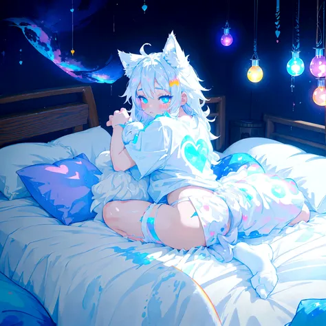 a cute adult male with wolf ears long white hair and a fluffy wolf tail, wearing bootyshorts and a tight t-shirt with a heart lo...