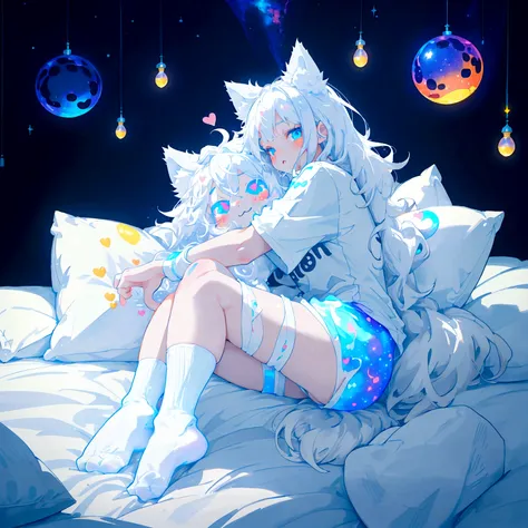 a cute adult male with wolf ears long white hair and a fluffy wolf tail, wearing bootyshorts and a tight t-shirt with a heart lo...