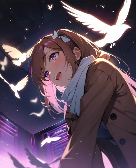 1 Girl, In the rainbow space, Gorgeous, (Brown side ponytail, Colored eyes, White Ribbon) teenager, Monica, data center, Monica from Doki Doki Literature Club, Open your mouth, Reaching out to a bird, date, Face Focus, masterpiece, best quality, firefly, L...