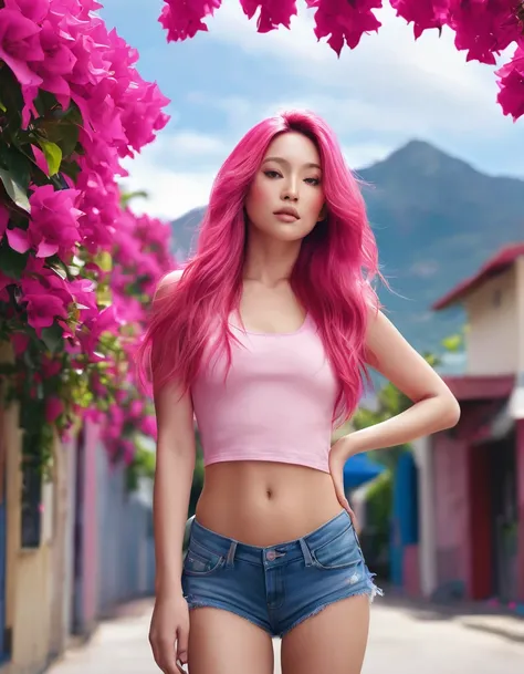 (highly detailed body, highly detailed face, best quality:1.2) ,A Woman, with long pink hair, look  away from  viewer, (Pink bra, denim shorts ), (Pink bougainvillea mess in background:1.4), dynamic poses,far away shot, 16K, photorealistic, UHD, RAW, film ...