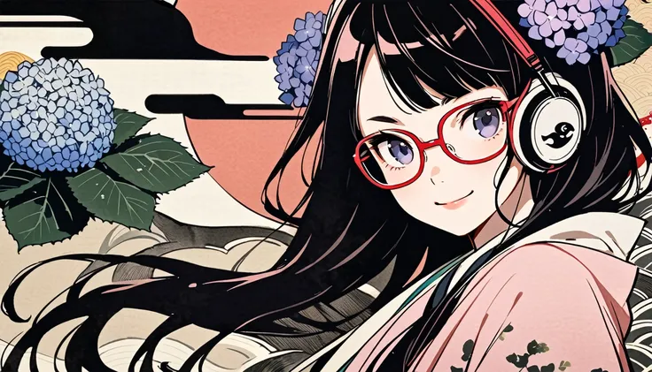 Highest quality, Katsushika Hokusai, Ink Painting, (((very straight longhair))), (((hydrangea))), (((Pale pink haori))), (((Glasses))), headphone, beautiful girl, Black Hair, Delicate and precise, Modern ukiyo-e style, smile