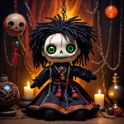 (knitted toy voodoo doll:1.5), (Voodoo Soul Catcher:1.3), (Clothing: dark robes with soul patterns:1.0), (Accessories: enchanted soul orb, glowing chains, magical soul amulet:1.2), (background: eerie soul realm with floating souls, glowing pathways, and my...