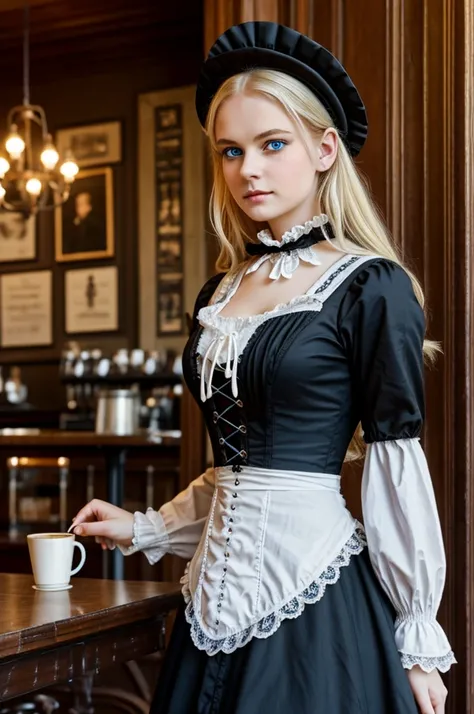 Gothic maid of the Victorian era, Blonde, blue eyes, White skin, in a coffee shop 