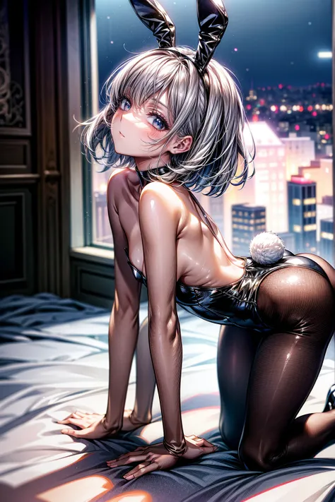 Highest quality、、(Bunny girl)、tights、High heels、Glossy Bunny Suit、From the back、((On all fours))、Get on your knees on the ground、Spread your knees wide from side to side、Futuristic Living Room、、Room with houseplants、Illuminations of the city can be seen fr...