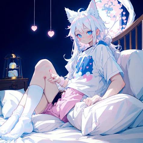 a cute adult male with wolf ears long white hair and a fluffy wolf tail, wearing pink micro shorts and a tight t-shirt with a he...