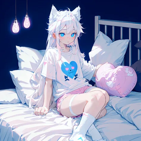 a cute adult male with wolf ears long white hair and a fluffy wolf tail, wearing pink micro shorts and a tight t-shirt with a he...