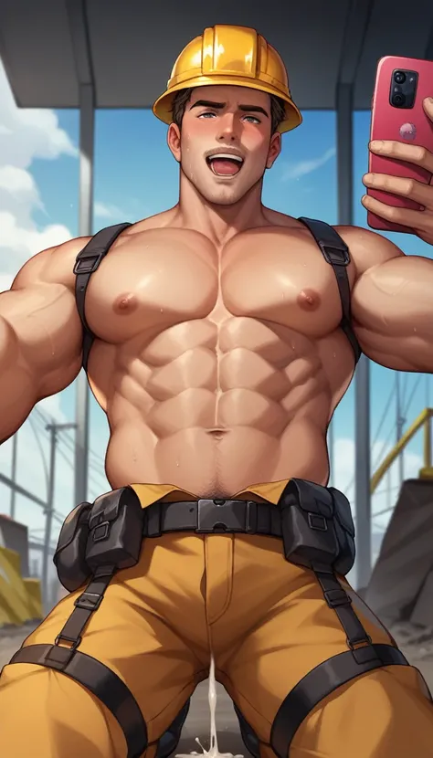 best quality, masterpiece, handsome man, muscular bodybuilder, mature facial features, shouting out, exaggerated tiny waist, construction safety gear, hardhat, toolbelt, kneeling wide, he pinches his own nipples, extremely explosive cumshot, spraying cum, ...