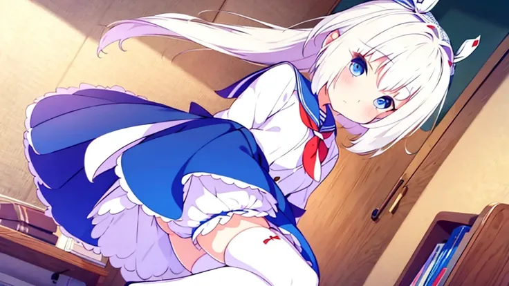 1 white-haired girl with ribbon decorations on her head, blue eyes at school Bloomers Women in white stockings at home