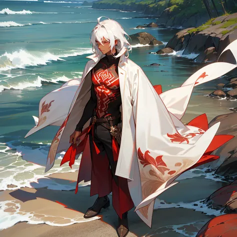 1male, young adult, dark skin, finely detailed crimson eyes, wild medium hair, seashell white hair color, long sleeve turtleneck sweater, oversized fur coat, standing on coast, day time, beach, somber expression, muscular, flowers, tattoos