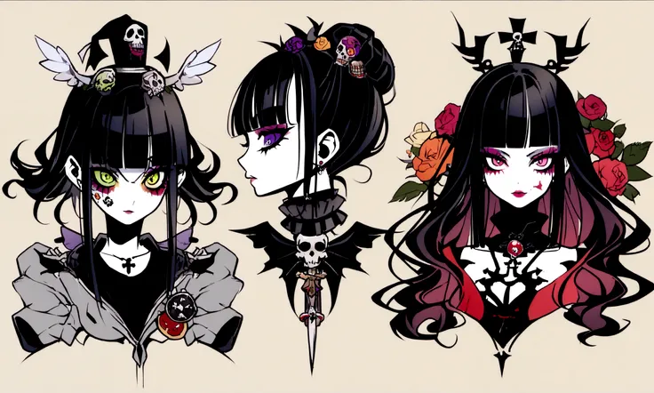 1 person、女の子1 person、sleep、sleep、Lie、Lying down、ridicule、Finger prick、Black Hair、Black Feather、Gothic Punk,anime zombie witch design, crossbones, skulls, street wear design, pro vector, Horror style, full design, 6 colors only, solid colors, no shadows, fu...