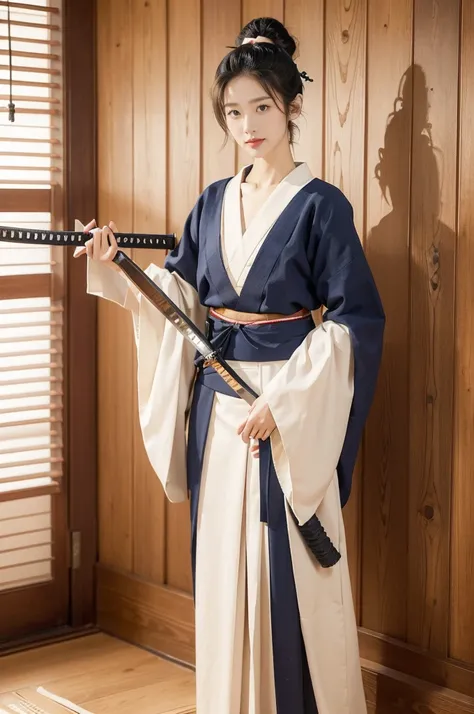 (((best quality))),(((ultra detailed))),(((masterpiece))),illustration,1girl,solo,short ponytail,slim,thin,small breasts,flat chest,white collar,white kendogi,three-quarter sleeves,maxi navy-blue kendo hakama,slender legs,standing in kendodo gym,(holding a...