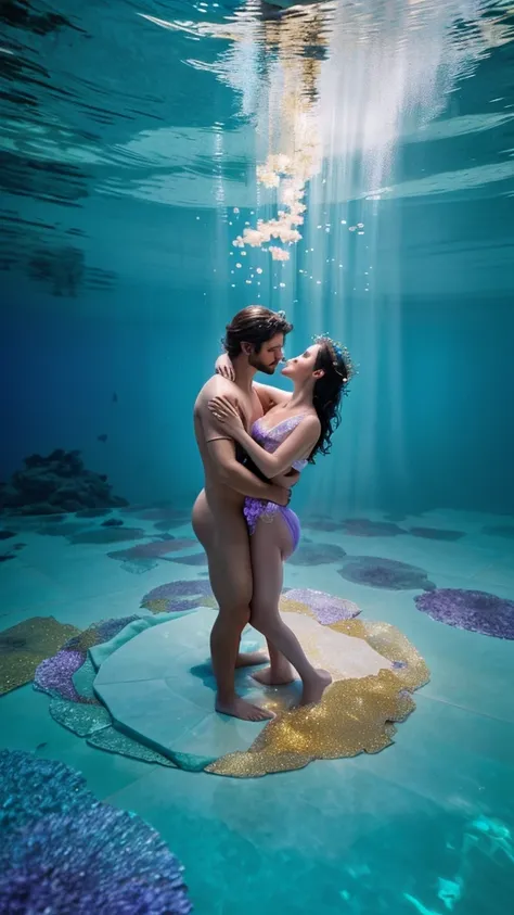 A dreamy ethereal scene of two lovers in a whimsical aquatic setting, The couple is floating amidst flower petals and shimmering bubbles immersed in a softly lit mystical underwater environment, Their bodies are intertwined in a sensual passionate dance wi...