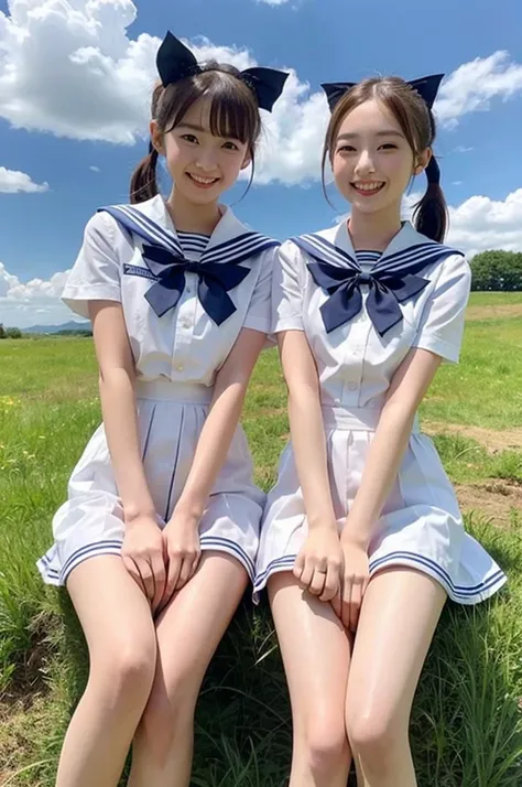 2 girls in rural field,cumulonimbus cloud in summer blue sky,white sailor shirt with red bow tie,white panties with navy blue frills,18-year-old,bangs,a little smile,thighs,knees,short hair with low pigtails bunches,from below,front light