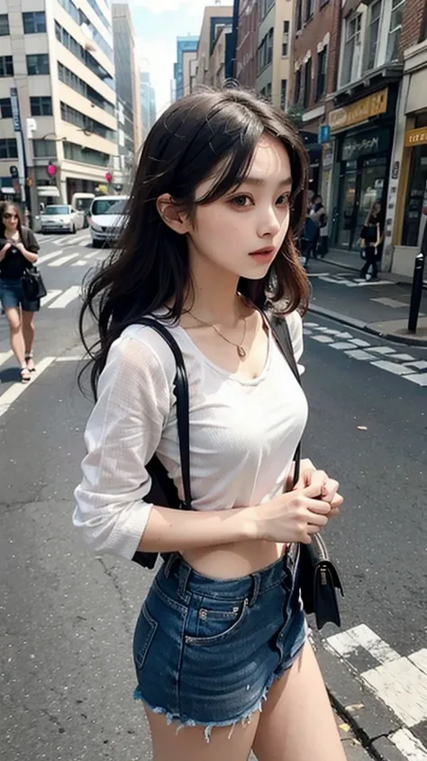 Beautiful woman, fiddling with cell phone in the middle of the street, short clothes