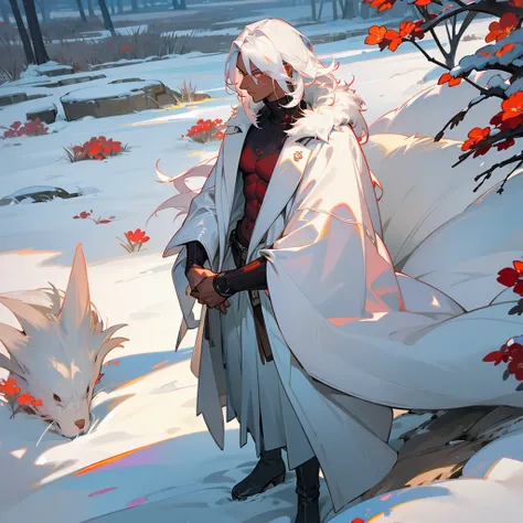 1male, young adult, dark skin, finely detailed crimson eyes, wild medium hair, seashell white hair color, long sleeve turtleneck sweater, oversized fur coat, standing on snowy path, day time, somber expression, muscular, flowers, tattoos