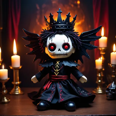 (knitted toy voodoo doll:1.5), (Voodoo Lucifer:1.3), male, (Clothing: elegant dark robes with ethereal accents:1.0), (Accessories: enchanted trident, glowing crown, magical beautiful wings:1.2), (background: gothic infernal throne room with floating embers...