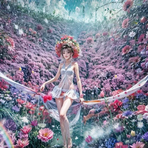 Crimson, White in Pearly RainbowColors,ExtremelyDetailed(ProfessionalPhoto of Girl Floating in the Sky:1.37)ZoomLayer{Stunning|Mystic|GodRays|Haze}, 280th floor infinity pool, Tallest building in the urban forest {Carnation|Tulips|(Rose)}, (Masterpiece 8K ...