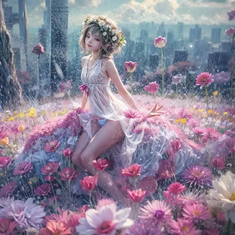 Crimson, White in Pearly RainbowColors,ExtremelyDetailed(ProfessionalPhoto of Girl Floating in the Sky:1.37)ZoomLayer{Stunning|Mystic|GodRays|Haze}, 280th floor infinity pool, Tallest building in the urban forest {Carnation|Tulips|(Rose)}, (Masterpiece 8K ...