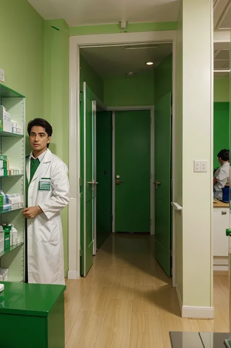 The pharmacy room is green and white and there are several men and women serving patients