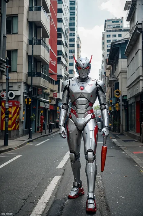 robot man. bird face. robotic hand. robot body. robotic legs. red and white. holding a keris. on a city street.