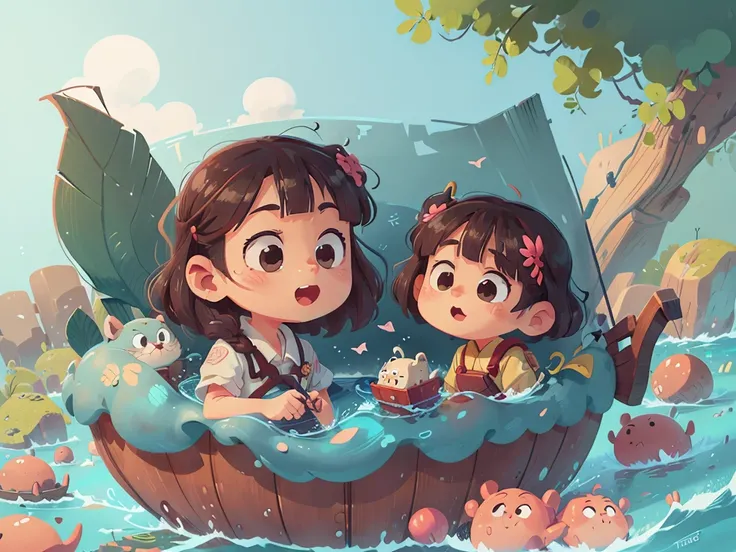 卡通Boat，Surrounded by beautiful sea,This illustration is a 4K high-definition illustration，The facial features are rich in detail，Cartoon Style，Cartoon Animals 1.5，卡通Boat，Boat，The details are clear，