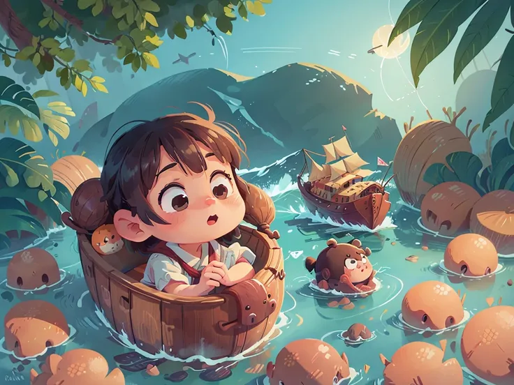 卡通Boat，Surrounded by beautiful sea,This illustration is a 4K high-definition illustration，The facial features are rich in detail，Cartoon Style，Cartoon Animals 1.5，卡通Boat，Boat，The details are clear，