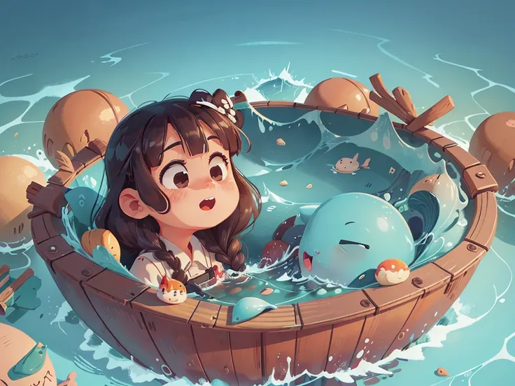 卡通Boat，Surrounded by beautiful sea,This illustration is a 4K high-definition illustration，The facial features are rich in detail，Cartoon Style，Cartoon Animals 1.5，卡通Boat，Boat，The details are clear，