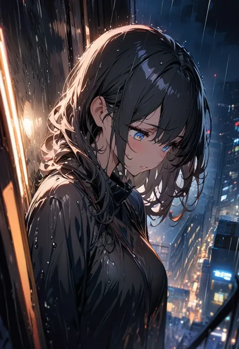 one girl soaked in the rain, skin reflected by the light of the building,Look down and look down,night,(((masterpiece))), (((best quality))), ((ultra-detailed)), (illustration), (detailed light),((an extremely delicate and beautiful)),(beautiful detailed e...