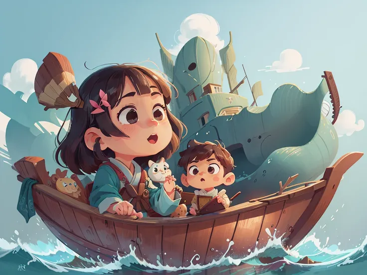 卡通Boat，Surrounded by beautiful sea,This illustration is a 4K high-definition illustration，The facial features are rich in detail，Cartoon Style，Cartoon Animals 1.5，卡通Boat，Boat，The details are clear，