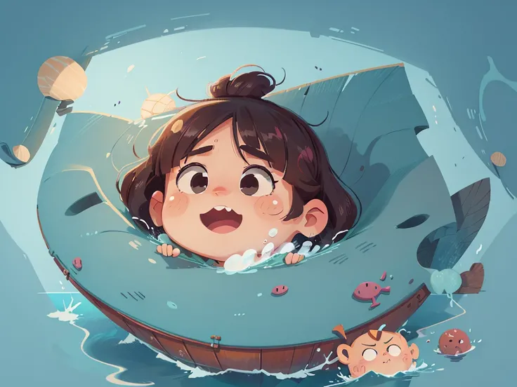 卡通Boat，Surrounded by beautiful sea,This illustration is a 4K high-definition illustration，The facial features are rich in detail，Cartoon Style，Cartoon Animals 1.5，卡通Boat，Boat，The details are clear，