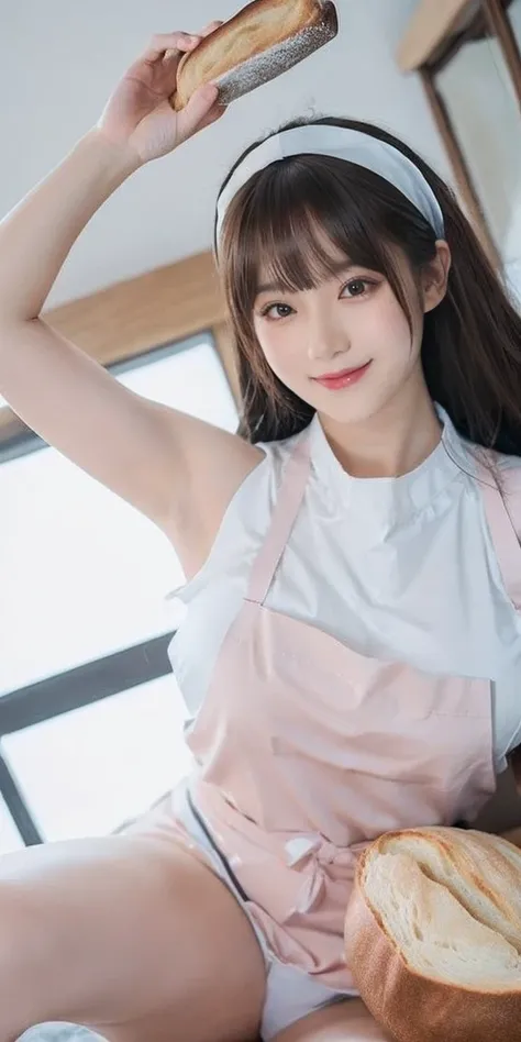 (((Low - Angle:1.4)))、((One hand raised))、((She is wearing a colorful and pop blouse and apron.)),(;have big bread))、(((Spread your legs:1.4)))、,(((beautiful armpits:1.2)))、High resolution、Bakery、16-year-old girl、smile、Finished as in the picture、white and ...