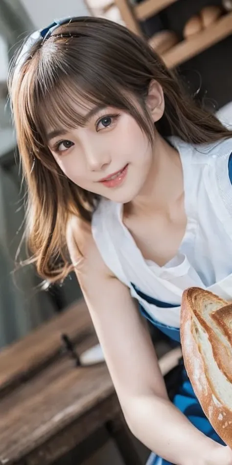 (((Low - Angle:1.4)))、((One hand raised))、((She is wearing a colorful and pop blouse and apron.)),(;have big bread))、(((Spread your legs:1.4)))、,(((beautiful armpits:1.2)))、High resolution、Bakery、16-year-old girl、smile、Finished as in the picture、white and ...