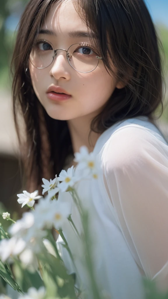 (((ultra-high resolution、close-up、cute japanese woman)))、long, straight black hair frames her face、so that every single hair is ...