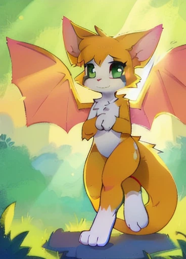 uploaded on e621, ((by Makoto Shinkai, by Jessie Willcox Smith, by Castitas, by Hyilpi, by Supplesee, by Dagasi)), (kemono:1.4), (((fidget (elysian tail)))), solo, green eyes, membranous wings, female, tuft, looking at viewer, (fluffy fur, 3 toes),   BREAK...