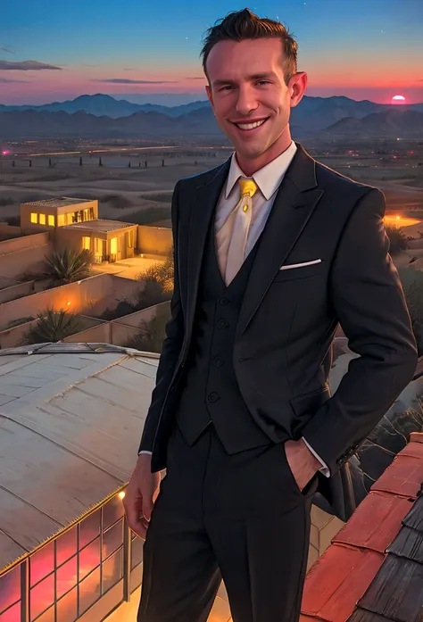 (solo), raw photo, photo of man todder8 on a rooftop overlooking a small city at twilight wearing classic dapper clothes, (weari...