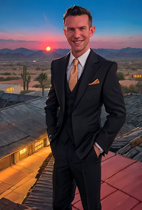 (solo), RAW Photo, photo of man Todder8 on a rooftop overlooking a small city at twilight wearing classic dapper clothes, (wearing suit), glow of the setting sun, vibrant ambiance, desert mountains, neon lights, music, (jet magazine), male, smiling, short ...