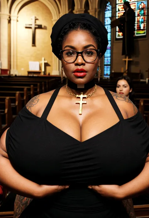 there is a ((black african woman:1.2)) in a dress and glasses posing for a picture, curvaceous. detailed, curvaceous, thicc,exposed massive breasts, alluring plus sized model, ebony, plus size woman, curvaceous. detailed expression, plus size, exposed huge...