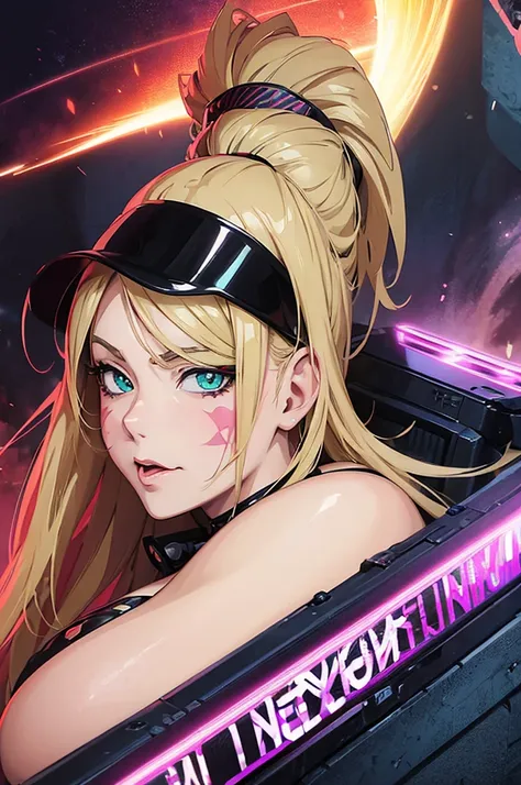 8K(Anime style face:1.7)woman,Huge boobs,very red lips,Emphasis on huge breasts,Big Ass,Thin waist long legs,Green Eyes,Greenish blue eyed blonde police officer,Miniskirt Purple Light Up(Triumphant Face:1.5), The face we&#39;re looking for,8K(A kind smile)...