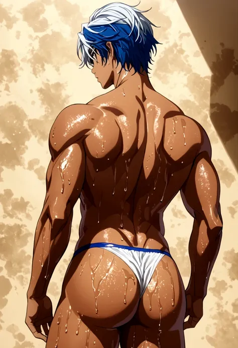 abs bishonen 1(((guy))),NSFW,spread legs,(((wet))) ss size blue and white speedo,show off ass,wet,sweat,steam,blash,in heat,grab ass,aside speedo,blueeyes,masterpiece,from side back ,(((gay))),tan-skin,(thong tanline),oil,looking back