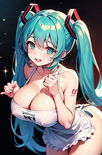 Hatsune Miku、Big Breasts、Poses that accentuate the chest、Sexy dynamic pose,Embarrassing,semen,Naked Apron,