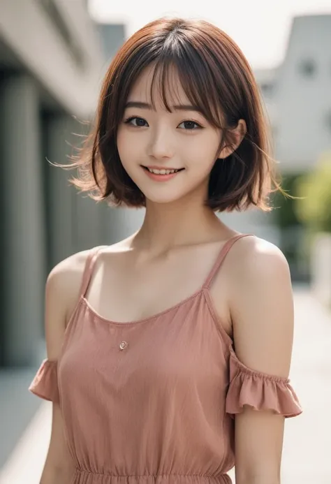 Beautiful 19 year old、Intelligent and sophisticated Japanese girl。Bob Hair、A smile that exudes kindness and youthful energy、One Piece Summer 2023。Medium light and fast shutter speeds combined with the narrative action of modern photography、sufficient light...